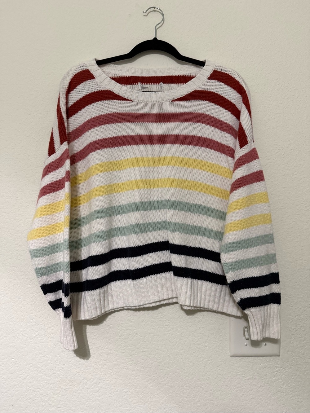 Hollister Relaxed Fit White Crewneck Sweater with Rainbow Stripes